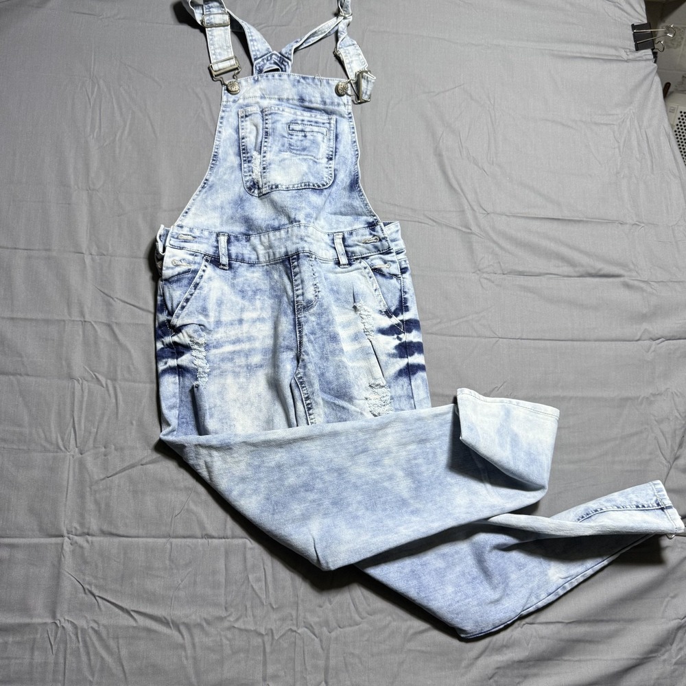 Blue Spice Women's Distressed Denim Overalls Size 5 Acid Wash Stretch Bib Jeans